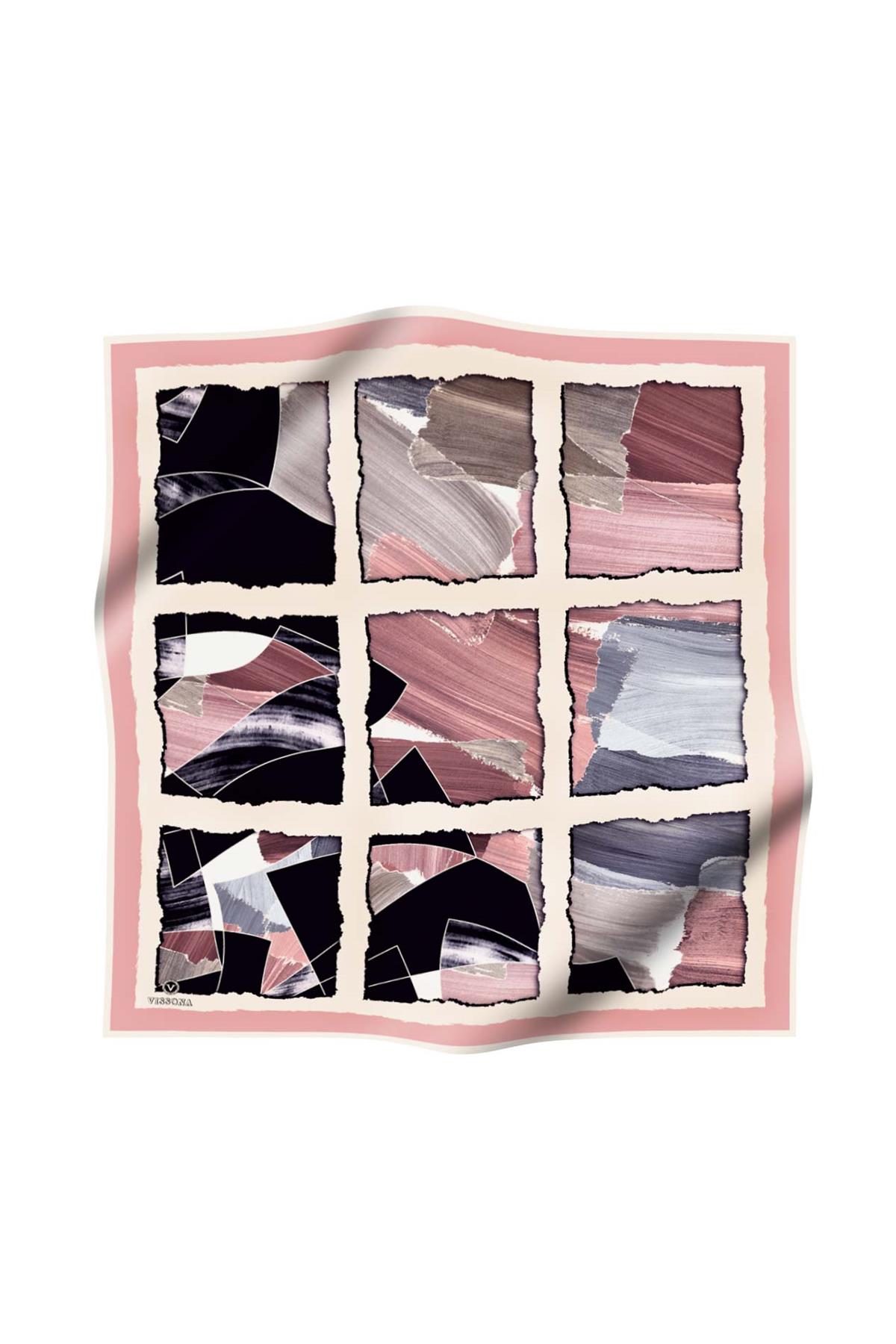 %100 Twill İpek Geometrik Desenli Pudra - Gri Renkli 90x90 Eşarp Dikim Şekli : El Dikişi