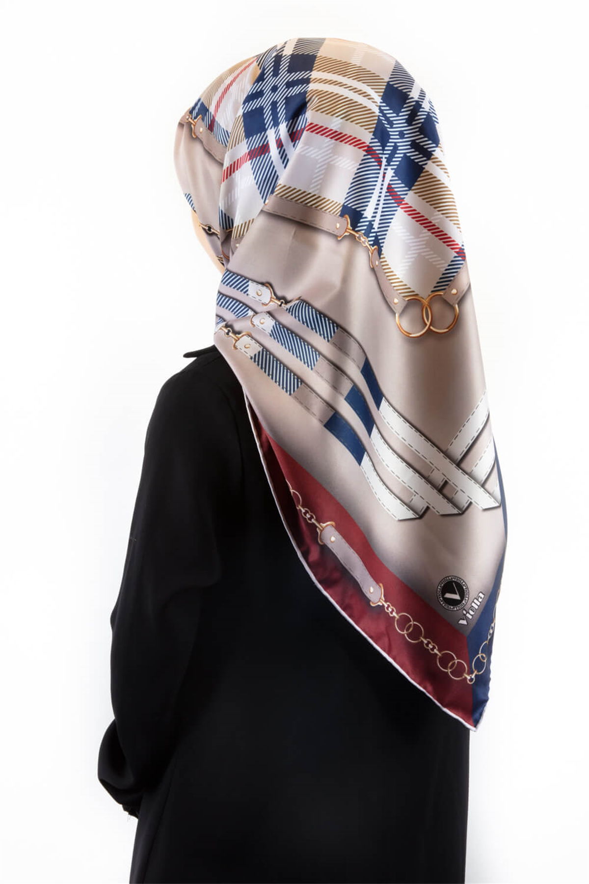 Twill Ekoseli Ve Zincir Desenli Bordo - Lacivert Renkli 90x90 Eşarp (İpek İçermez) Dikim Şekli : El Dikişi