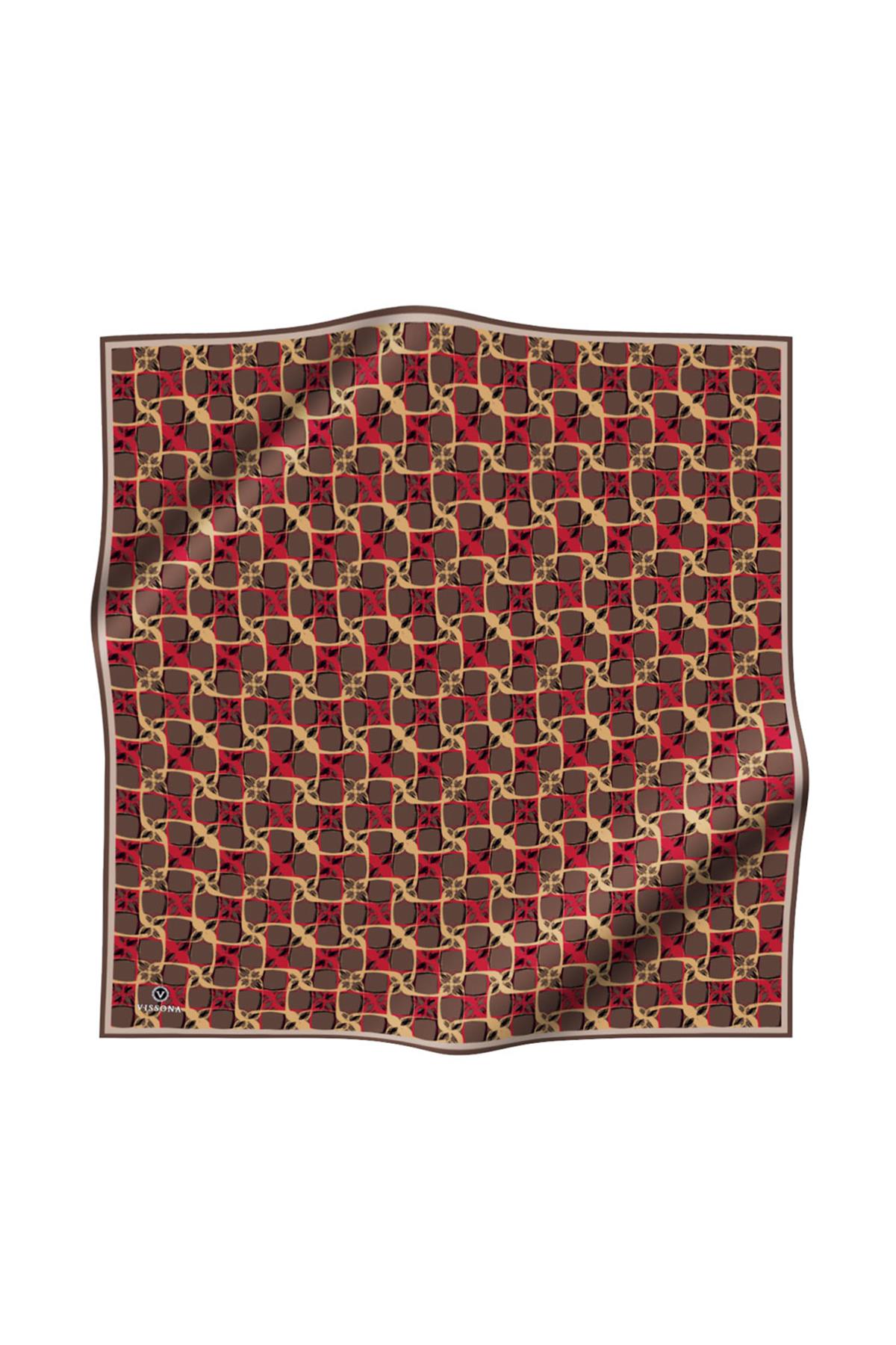 %100 Twill İpek Geometrik Desenli Kahverengi - Kırmızı Renkli 90x90 Eşarp Dikim Şekli : El Dikişi