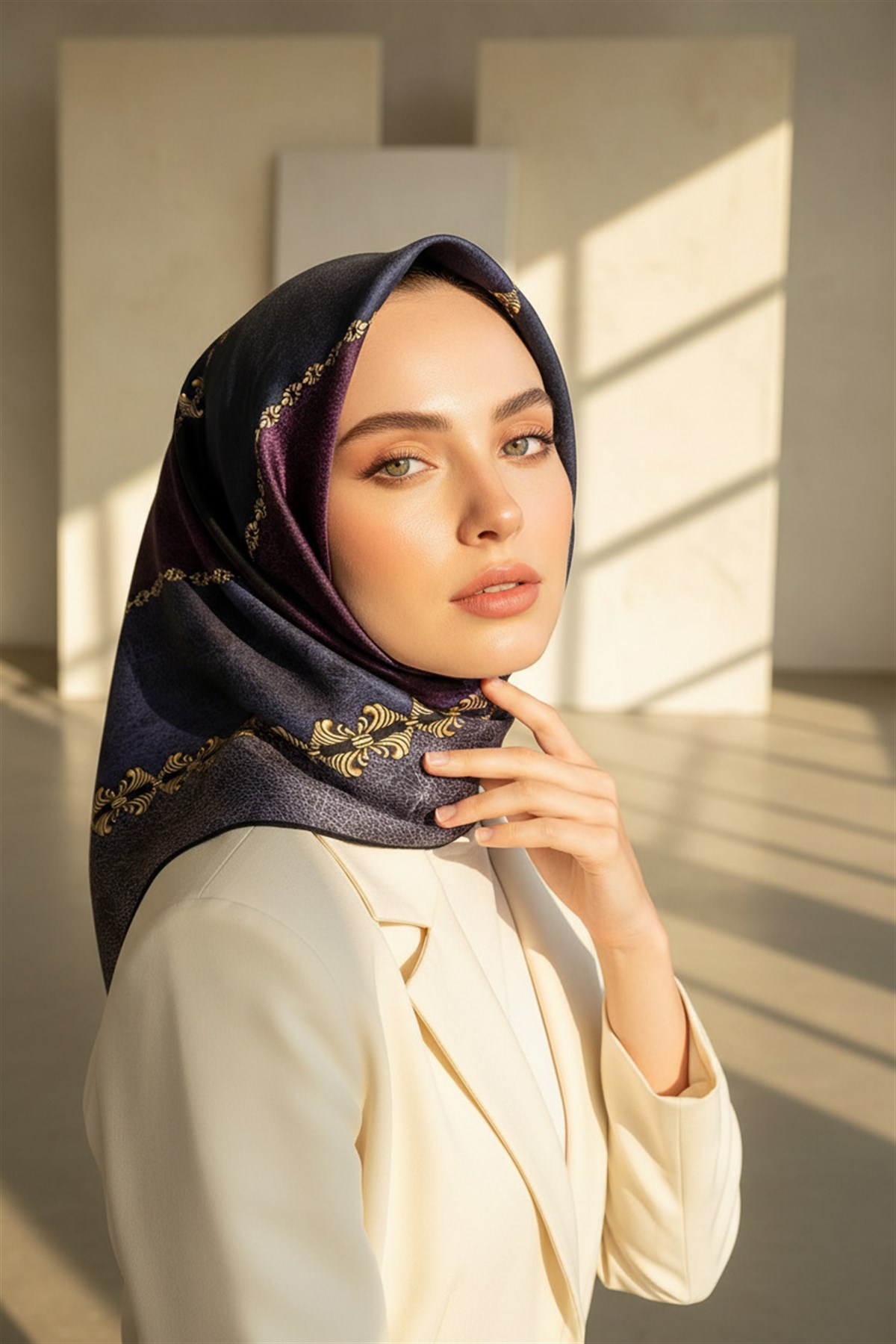 %100 Twill İpek Geometrik Desenli İndigo - Mürdüm Renkli 90x90 Eşarp Dikim Şekli : El Dikişi