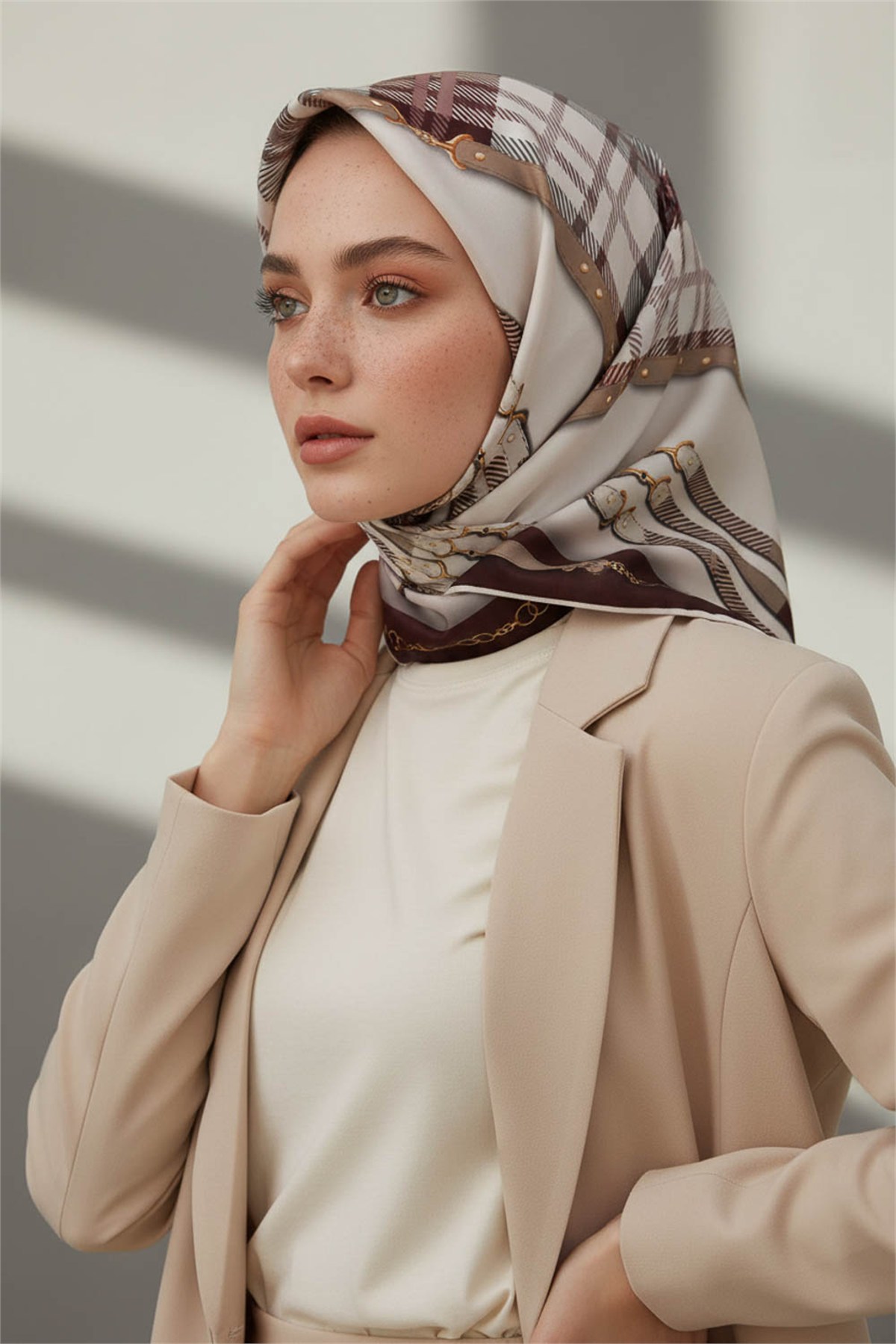 Twill Ekoseli Ve Zincir Desenli Gül Kurusu Renkli 90x90 Eşarp (İpek İçermez) Dikim Şekli : El Dikişi