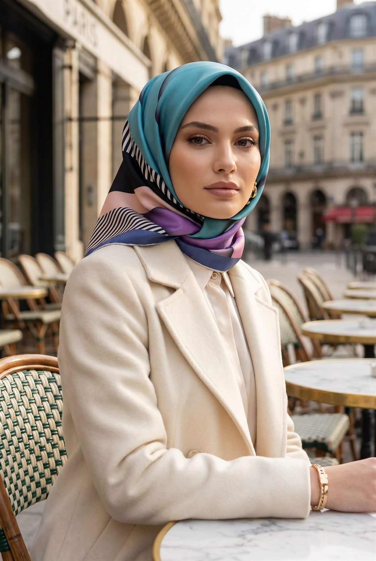 %100 Twill Renk Bloklu Çizgili Desenli Lila - İndigo Renkli 90x90 Eşarp Dikim Şekli: El Dikişii