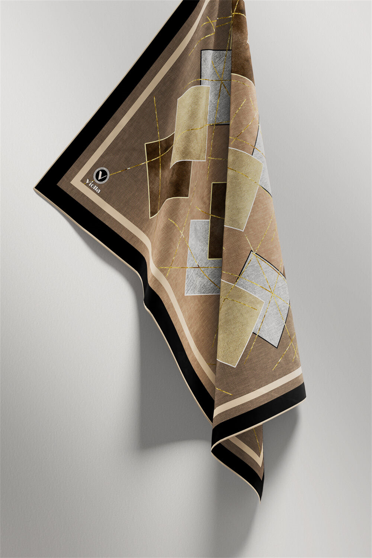 Twill Geometrik Desenli Bej Renkli 90x90 Eşarp (İpek İçermez) Kenar Dikiş Şekli El Dikişli
