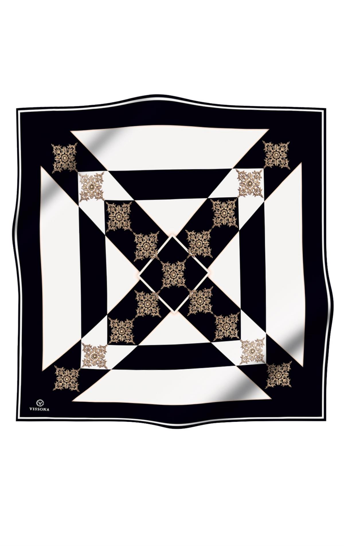 %100 Twill İpek Geometrik ve Barok Desenli Siyah - Krem Renkli 90x90 Eşarp Dikim Şekli : El Dikişi