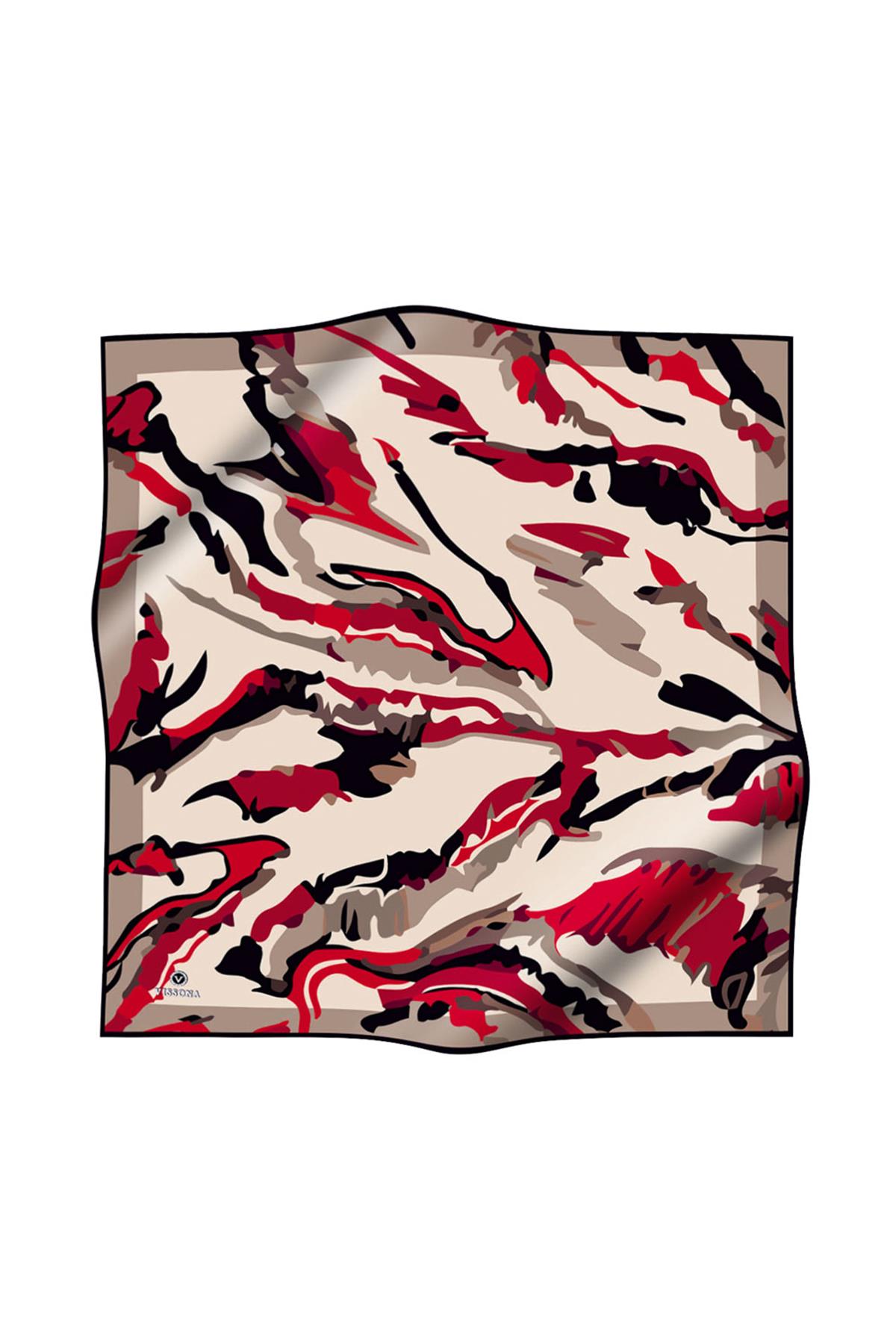 %100 Twill İpek Batik Desenli Vizon - Bordo Renkli 90x90 Eşarp Dikim Şekli : El Dikişi