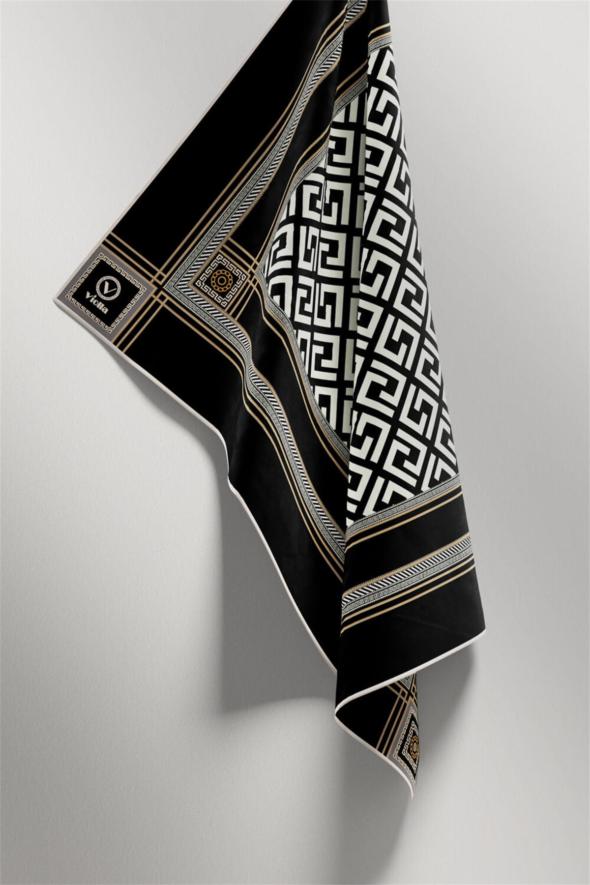 Twill Antik Desenli Siyah Renkli 90x90 Eşarp (İpek İçermez) Kenar Dikiş Şekli El Dikişli