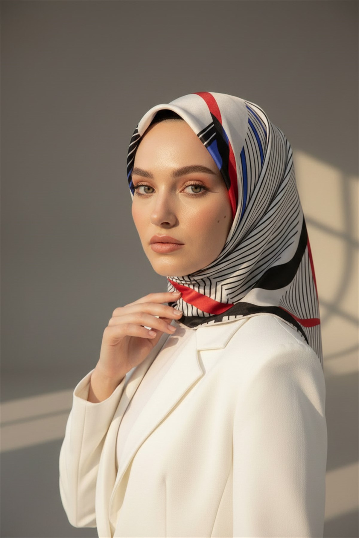 %100 Twill İpek Çizgili Geometrik Desenli Beyaz - Saks Renkli 90x90 Eşarp Dikim Şekli : El Dikişi