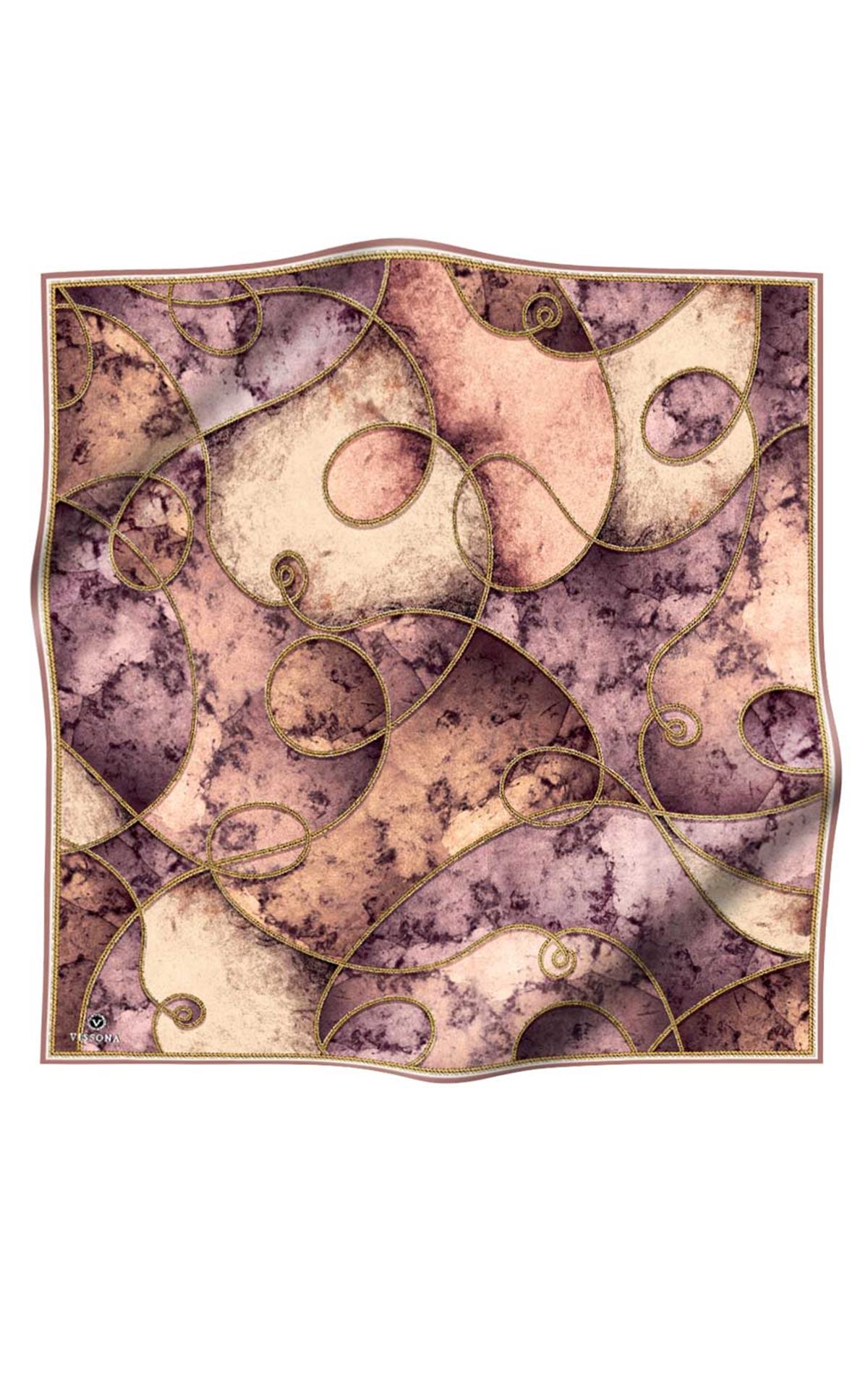 %100 Twill İpek Zincirli Mermer Desenli Gül Kurusu - Vizon Renkli 90x90 Eşarp Dikim Şekli : El Dikişi