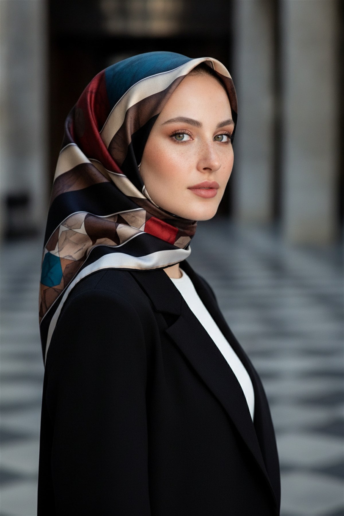 %100 Twill İpek Mermer Efektrli Geometrik Desenli Petrol Mavisi - Vizon Renkli 90x90 Eşarp Dikim Şekli : El Dikişi