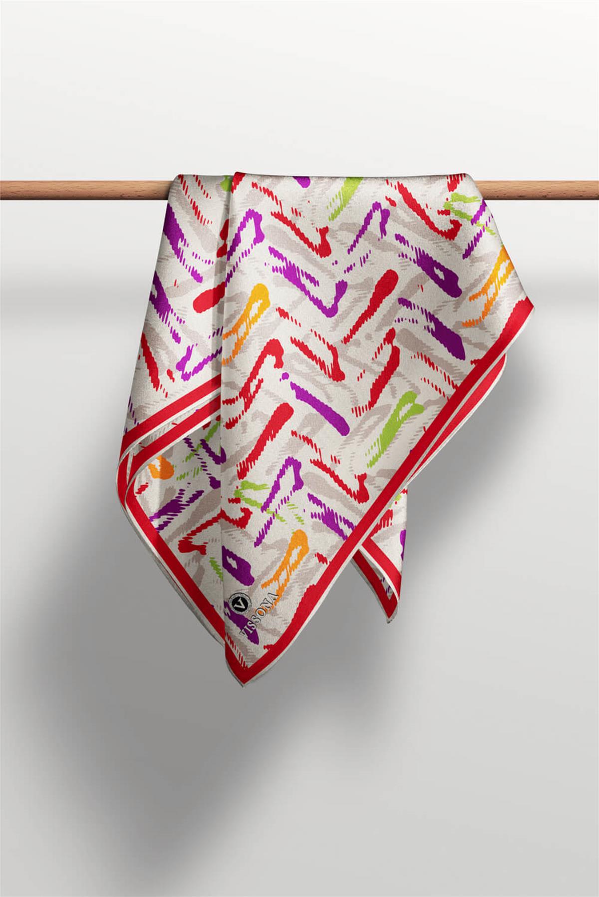 %100 Twill İpek Geometrik Desenli Kırmızı- Mürdüm Renkli 90x90 Eşarp Dikim Şekli : El Dikişi