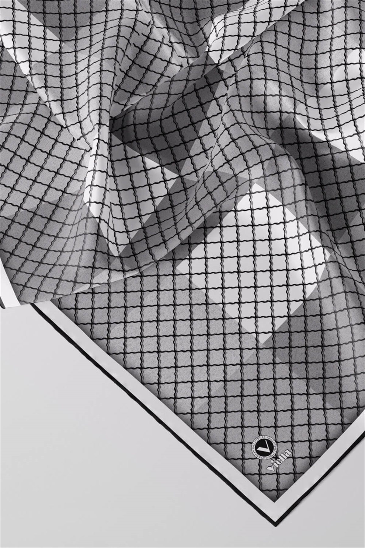 Twill Kare Desenli Gri Renkli 90x90 Eşarp (İpek İçermez) Kenar Dikiş Şekli El Dikişli