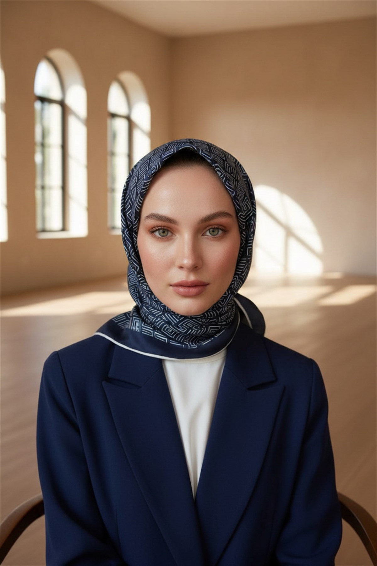 100% Twill İpek Etnik Motif Desenli Lacivert - Krem Renkli 90x90 Dikim Şekli : El Dikişi Eşarp