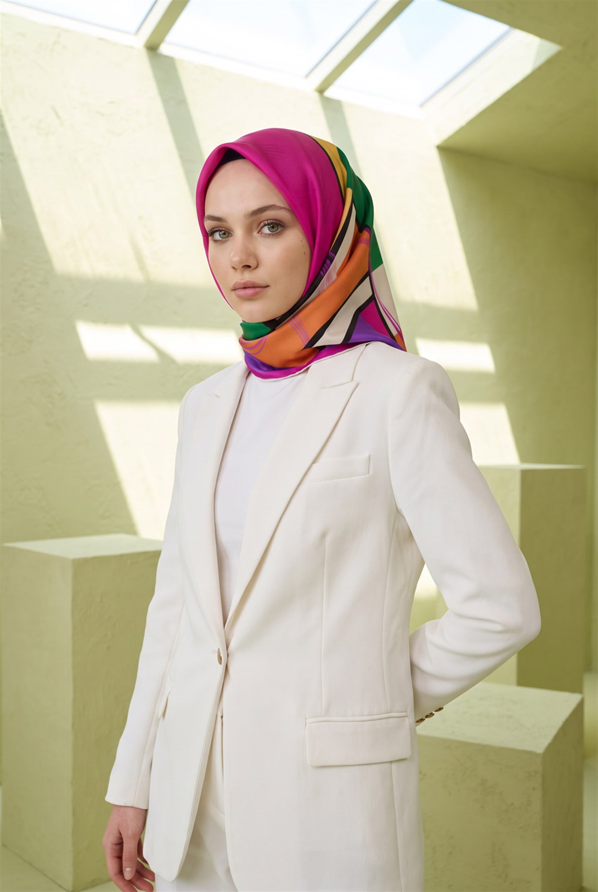 %100 Twill İpek Geometrik Desenli Fuşya - Mor Renkli 90x90 Eşarp Dikim Şekli : El Dikişi