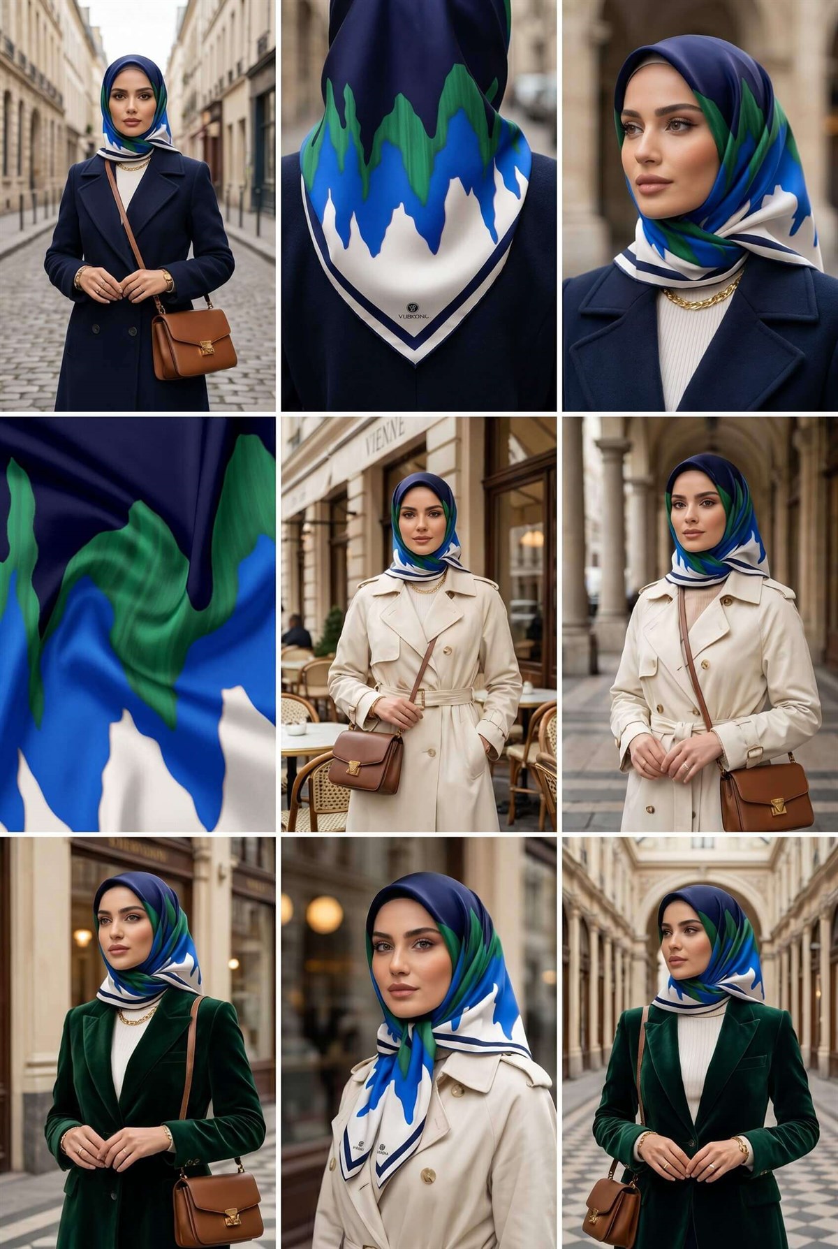 %100 Twill İpek Geometrik Desenli Lacivert - Çam Yeşili Renkli 90x90 Eşarp Dikim Şekli : El Dikişi