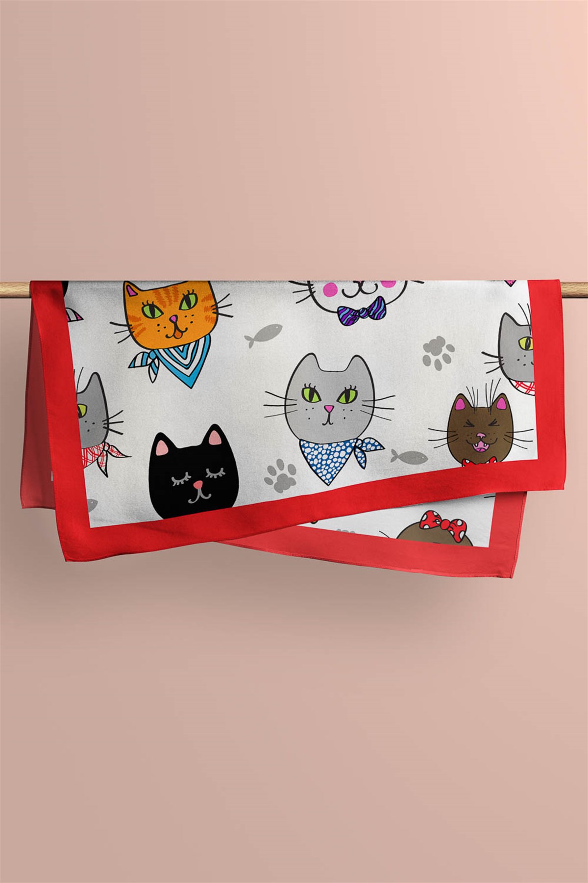 A59 Kadın Kedi Desenli Bandana 50x50 Kırmızı DG0191-22 Snz