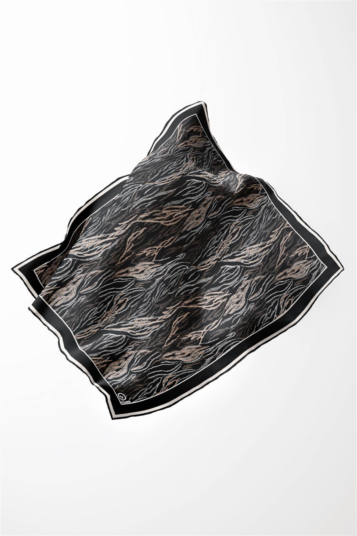 Twill Soyut Çizgi Desenli Siyah Renkli 90x90 Eşarp (İpek İçermez) Kenar Dikiş Şekli El Dikişli