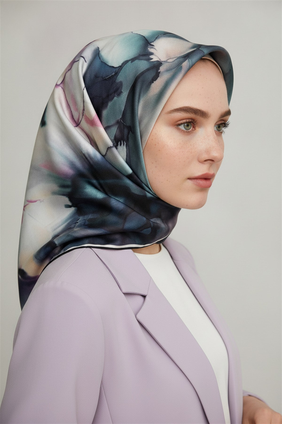 % 57 İPEK % 43 VİSKON Twill İpek Batik Çiçek Desenli Petrol Yeşili - Lila Renkli 90x90 Eşarp Kenar Dikiş Şekli El Dikişli