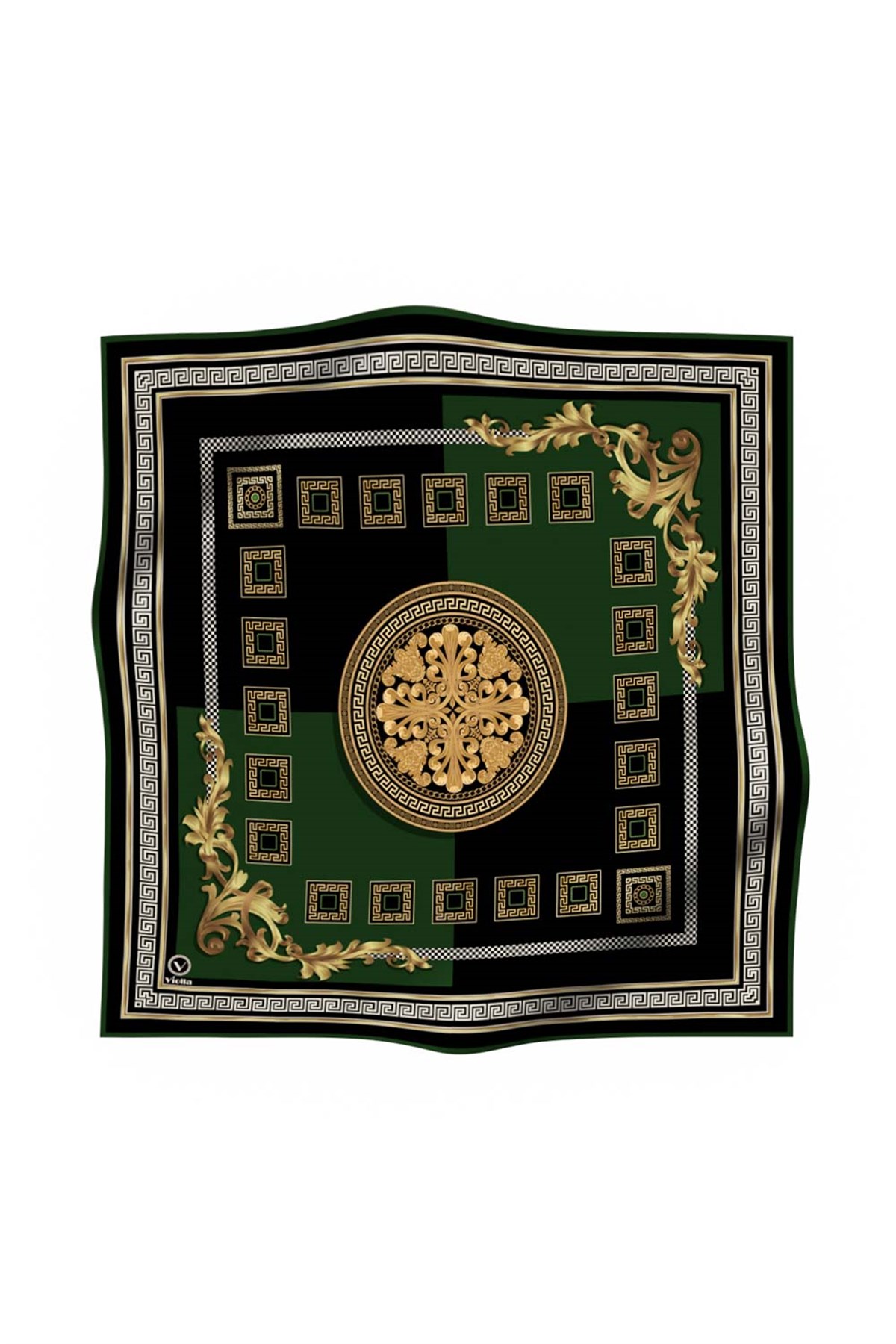 Twill Barok Desenli Zümrüt Yeşili Renkli 90x90 Eşarp (İpek İçermez) Kenar Dikiş Şekli El Dikişli