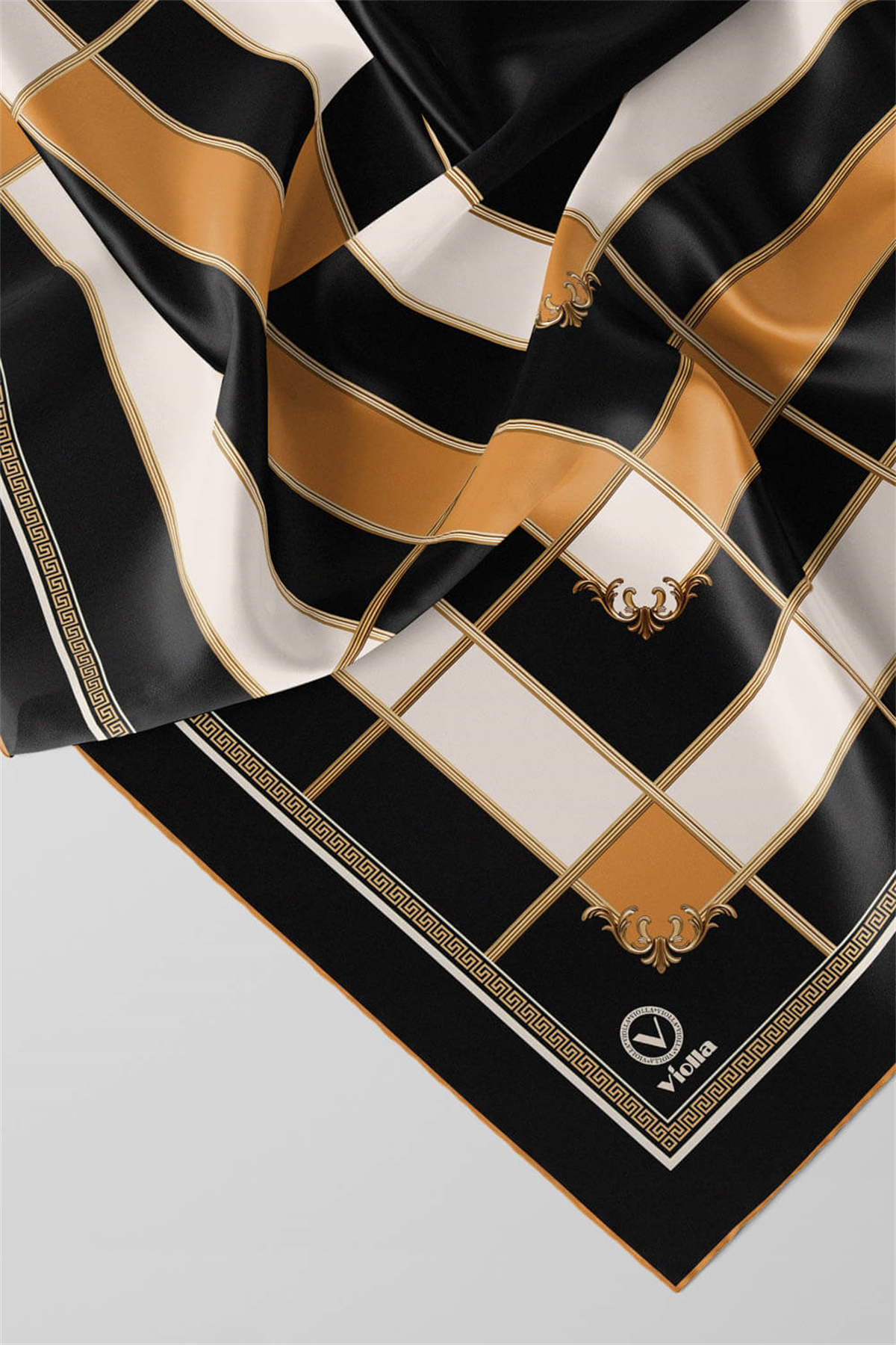 Twill Gold Detaylı Kareli Desenli Sarı Renkli 90x90 Eşarp (İpek İçermez) Kenar Dikiş Şekli El Dikişli