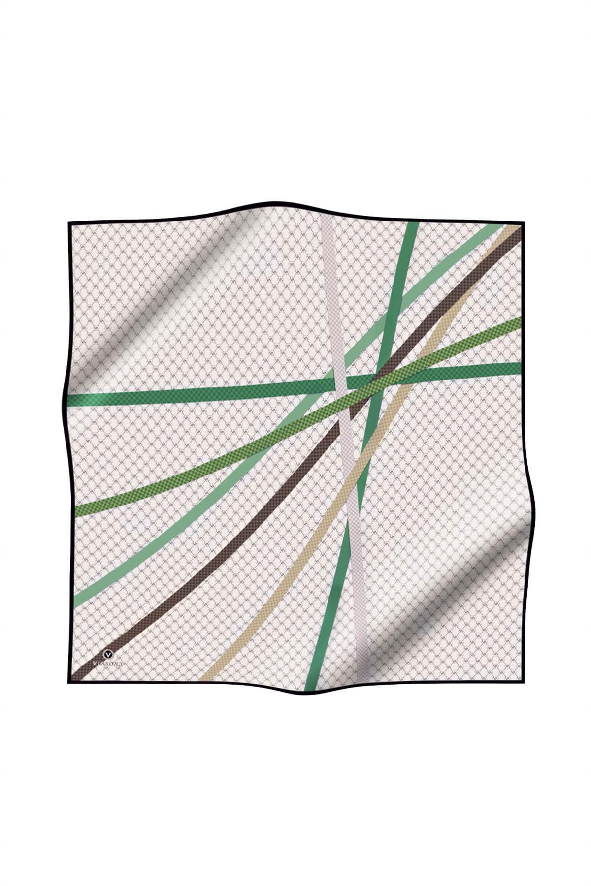 %100 Twill İpek Monogram Ve Şerit Desenli Kahverengi - Zümrüt Yeşili Renkli 90x90 Eşarp Dikim Şekli : El Dikişi