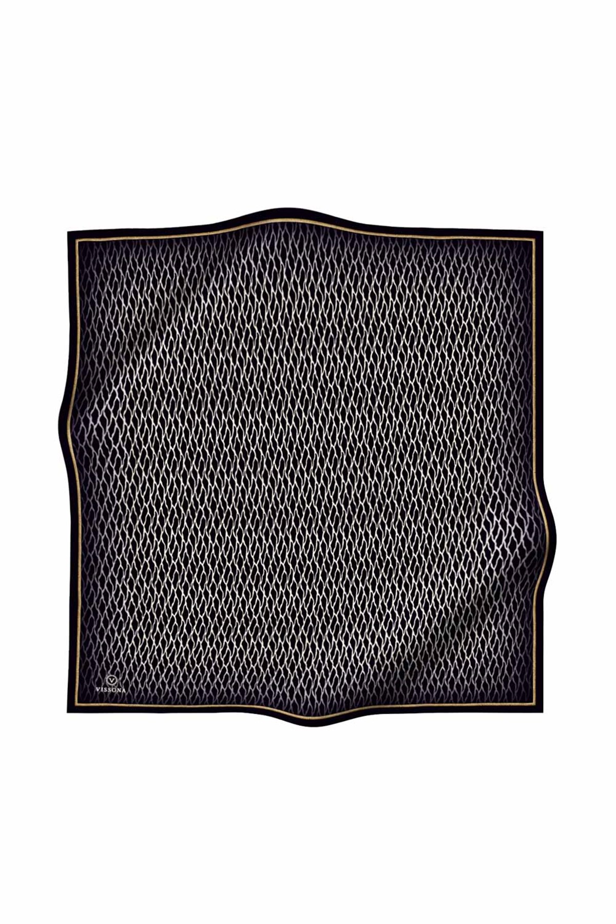 %100 Twill İpek File Desenli Siyah - Krem Renkli 90x90 Eşarp Dikim Şekli : El Dikişi