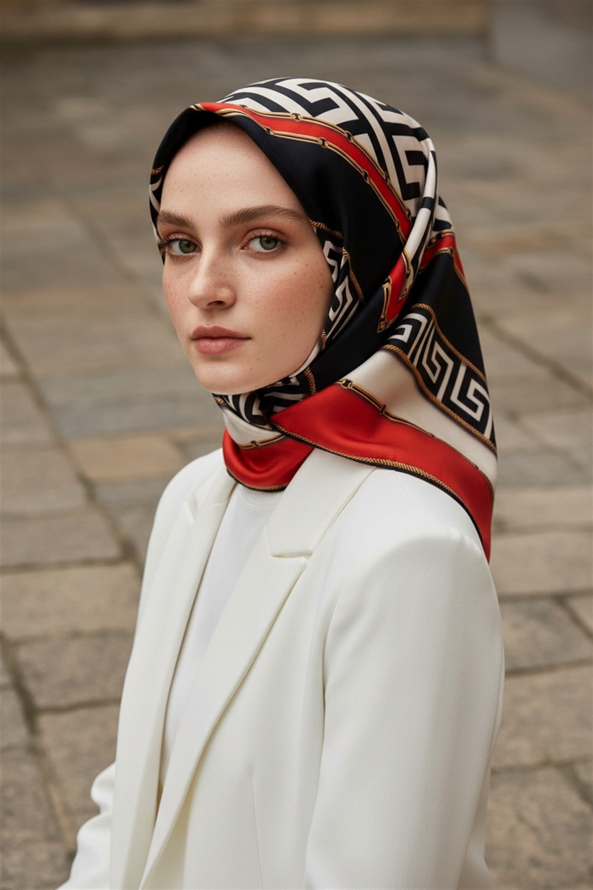 %100 Twill İpek Labirent Ve Geometrik Desenli Kırmızı - Siyah Renkli 90x90 Eşarp Dikim Şekli : El Dikişi