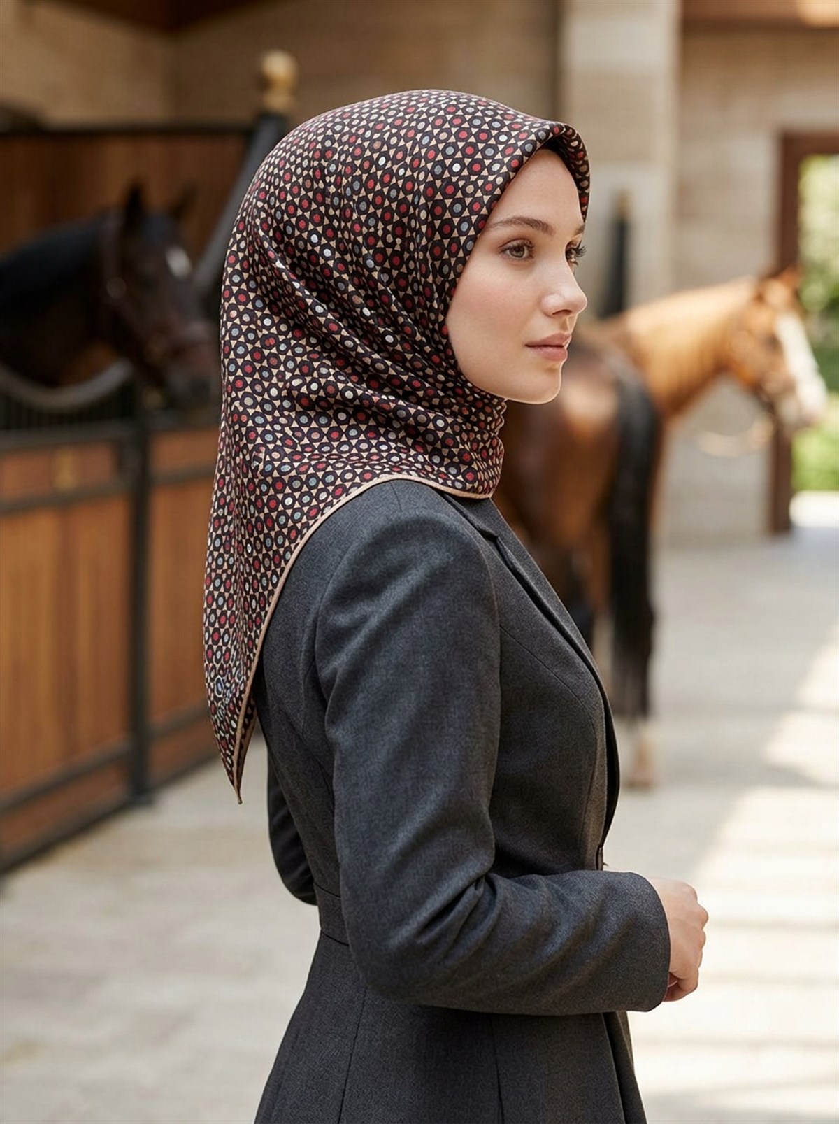 %100 Twill İpek Nokta Desenli Siyah - Bej Renkli 90x90 Eşarp Dikim Şekli : El Dikişi