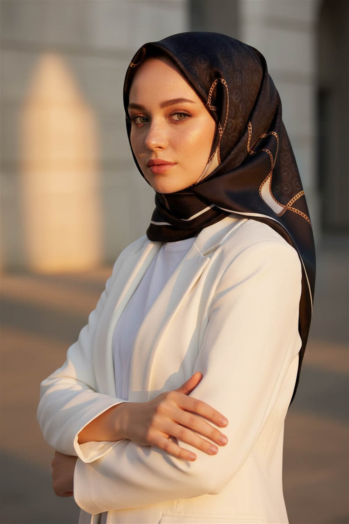 %100 Twill İpek Zincirli Ve Monogram Desenli Siyah - Krem Renkli 90x90 Eşarp Dikim Şekli : El Dikişi