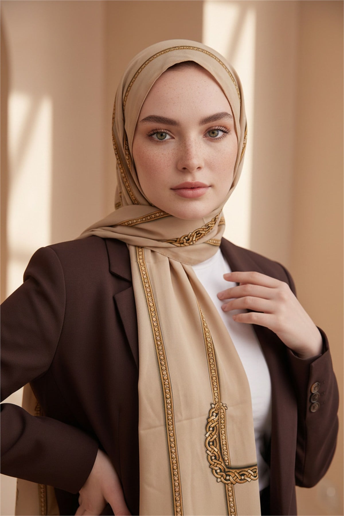 KREP ZİNCİR DESENLİ BEJ RENKLİ 75X195 KIRIŞMAZ ŞAL