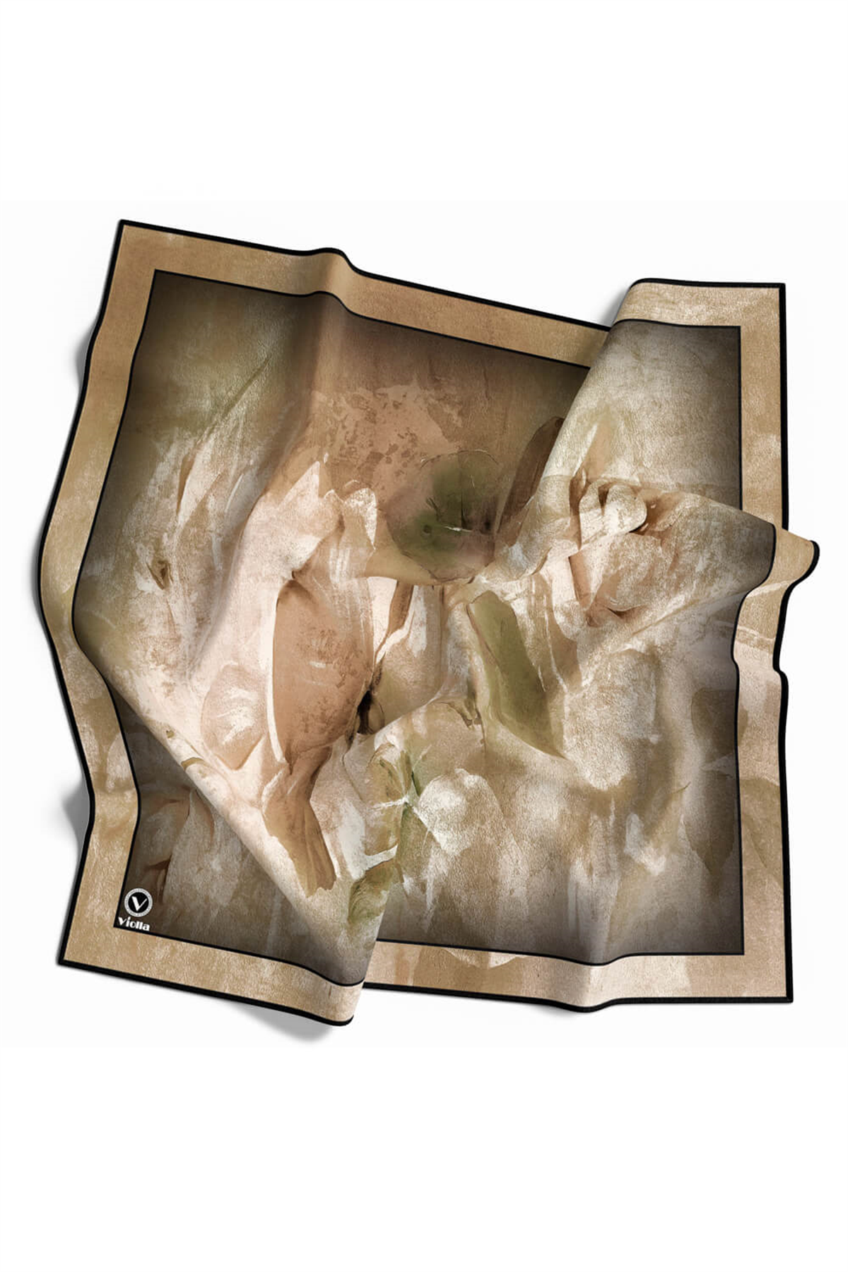 Twill Sulu Boyalı Çiçek Desenli Bej Renkli 90x90 Eşarp (İpek İçermez) Kenar Dikiş Şekli El Dikişli