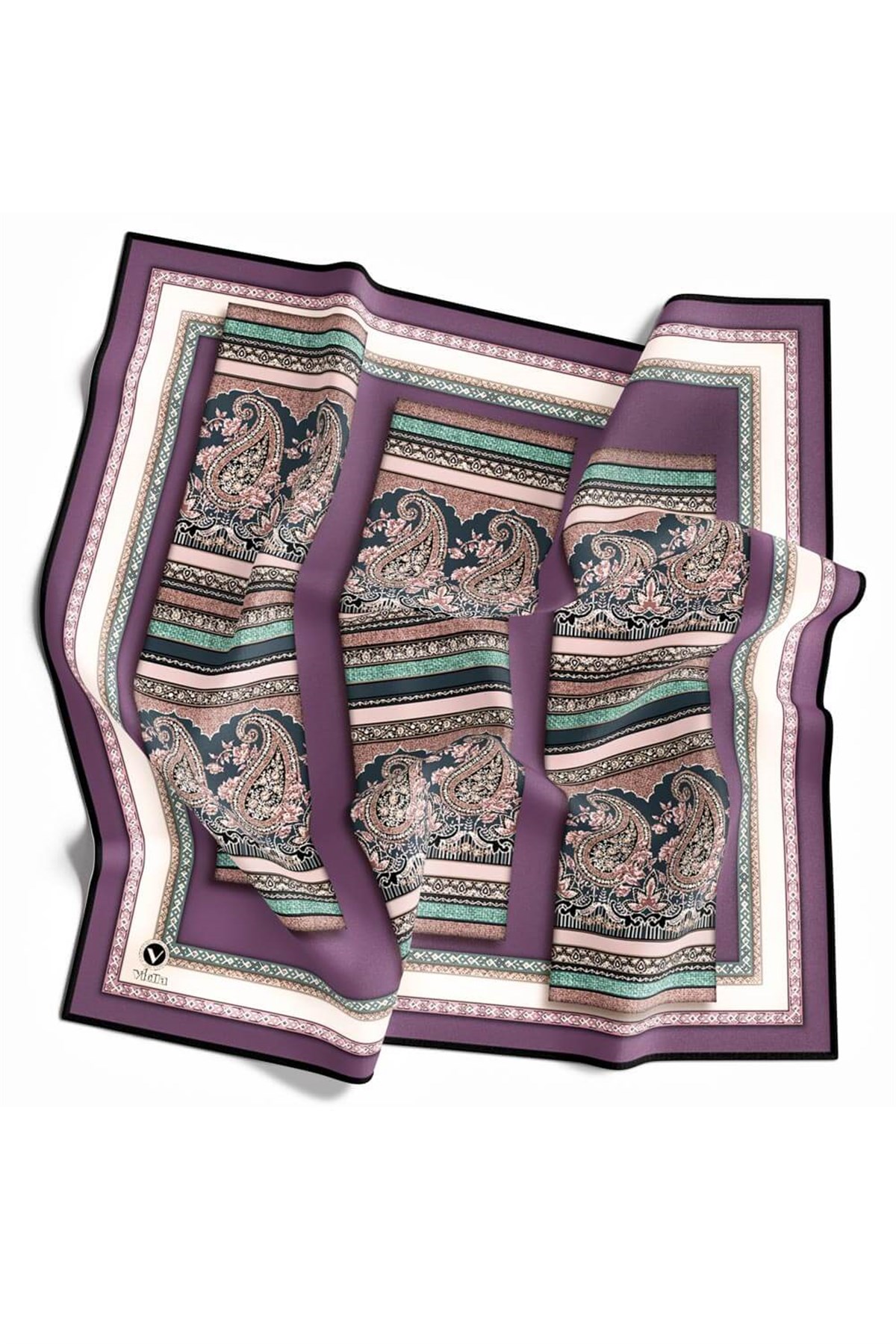 Twill Şal Desenli Lila Renkli 90x90 Eşarp (İpek İçermez) Kenar Dikiş Şekli El Dikişli