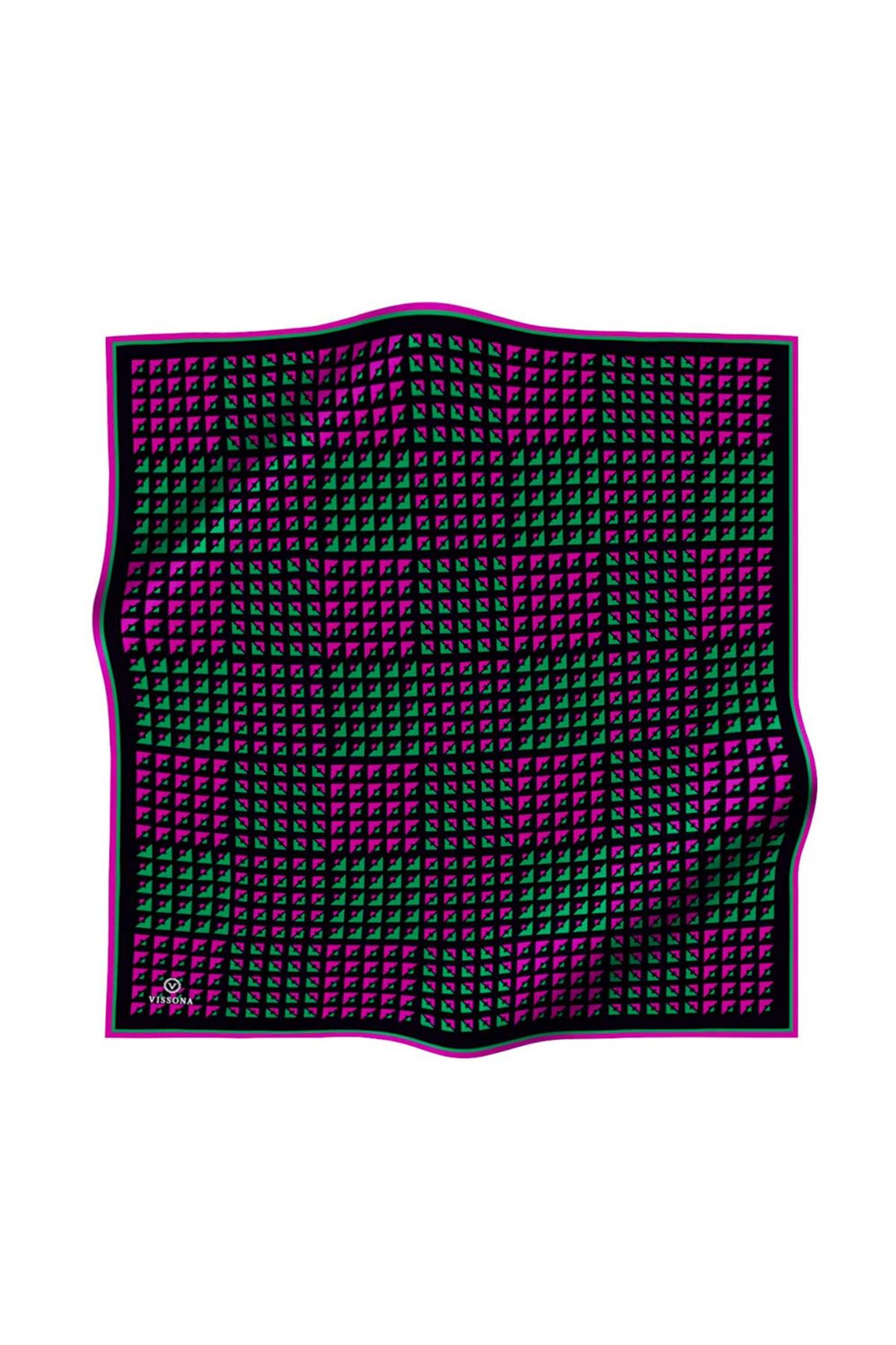 %100 Twill İpek Geometrik Desenli Fuşya - Benetton Yeşili Renkli 90x90 Eşarp Dikim Şekli : El Dikişi