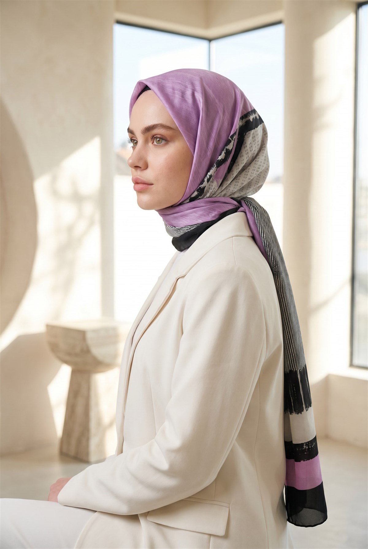 %100 Saf İpek Şal İnce Saten Vual Dokuma Patchwork Desenli Siyah - Pembe Renkli 90x210 Şal