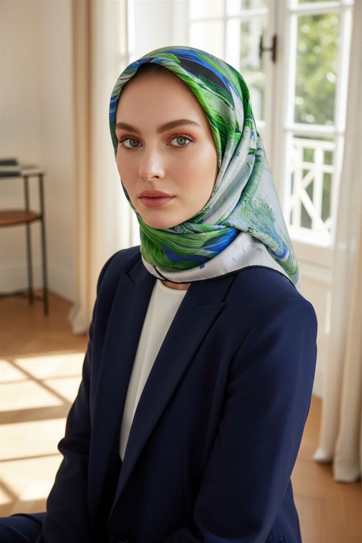 %100 Twill İpek Fırça Darbesi Desenli Saks - Zümrüt Yeşili Renkli 90x90 Eşarp Dikim Şekli : El Dikişi