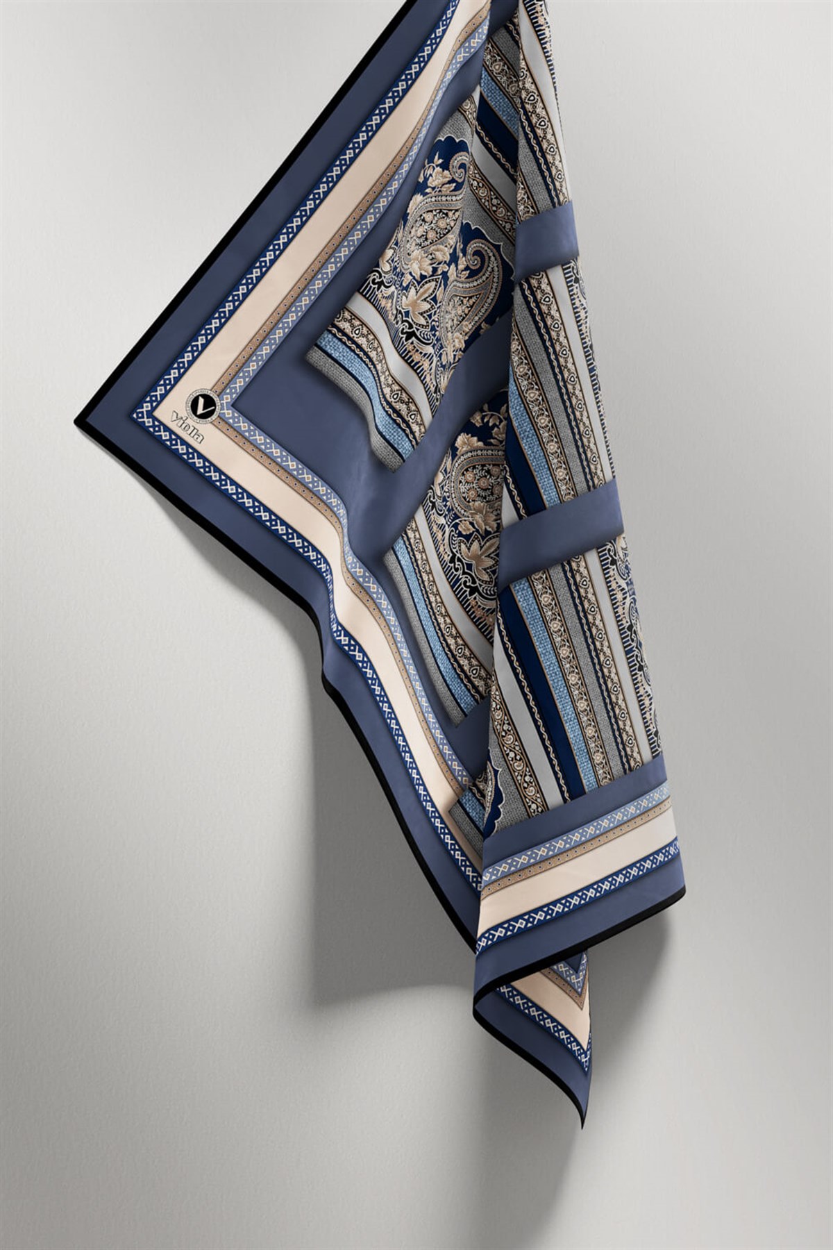 Twill Şal Desenli İndigo - Gri Renkli 90x90 Eşarp (İpek İçermez) Kenar Dikiş Şekli El Dikişli