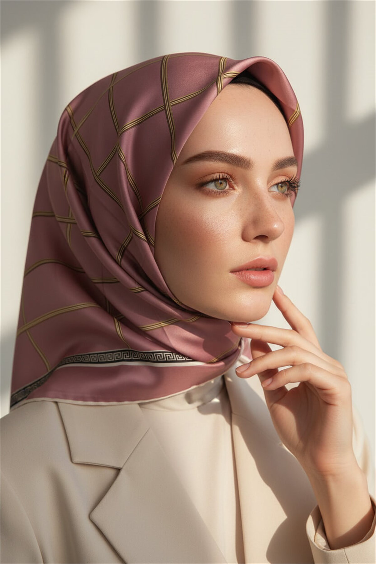 Twill Gold Detaylı Kareli Desenli Pudra Renkli 90x90 Eşarp (İpek İçermez) Kenar Dikiş Şekli El Dikişli