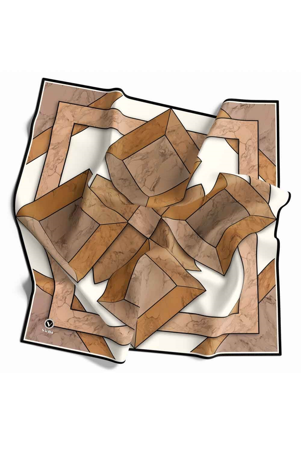 Twill Mermer Desenli Hardal - Bej Renkli 90x90 Eşarp (İpek İçermez) Kenar Dikiş Şekli El Dikişli