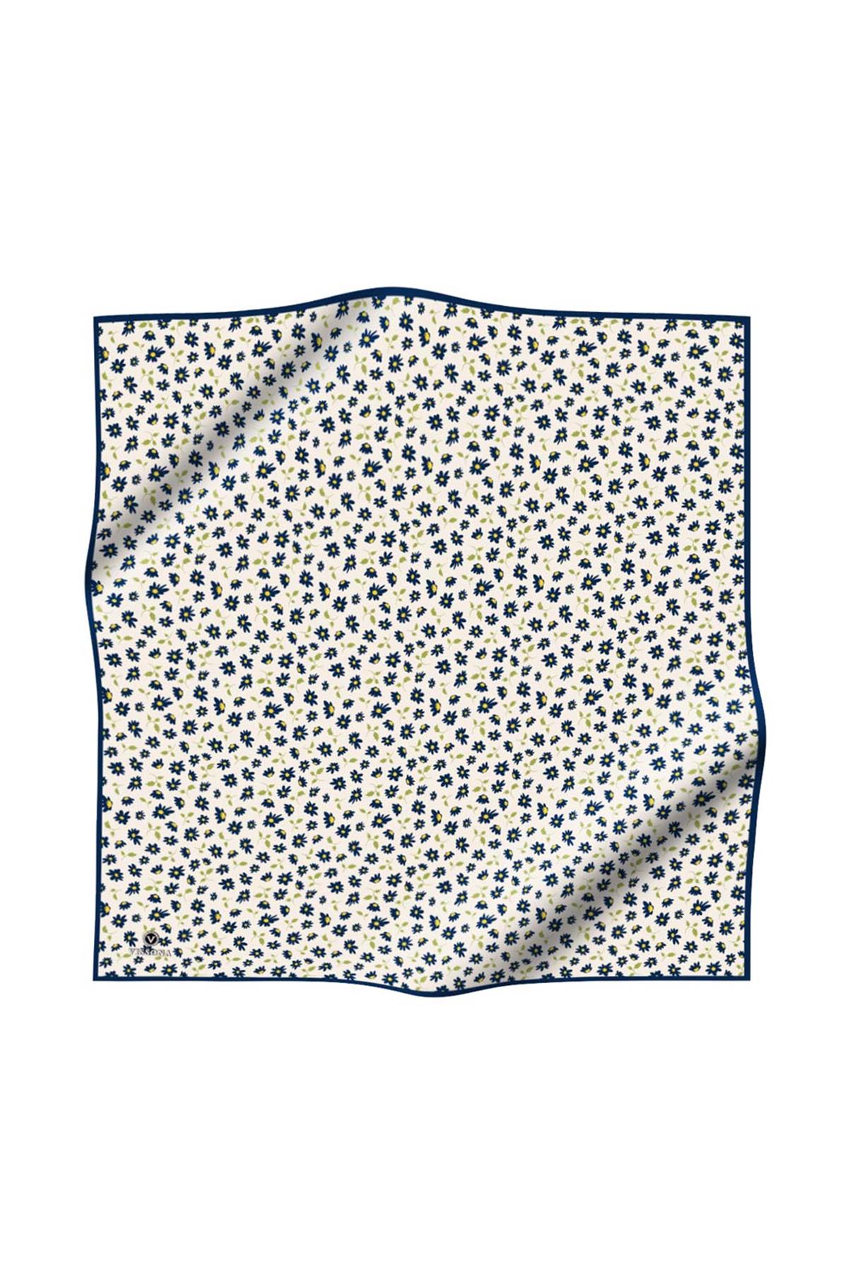 %100 Twill İpek Papatya Desenli Krem - Lacivert Renkli 90x90 Eşarp Dikim Şekli : El Dikişi