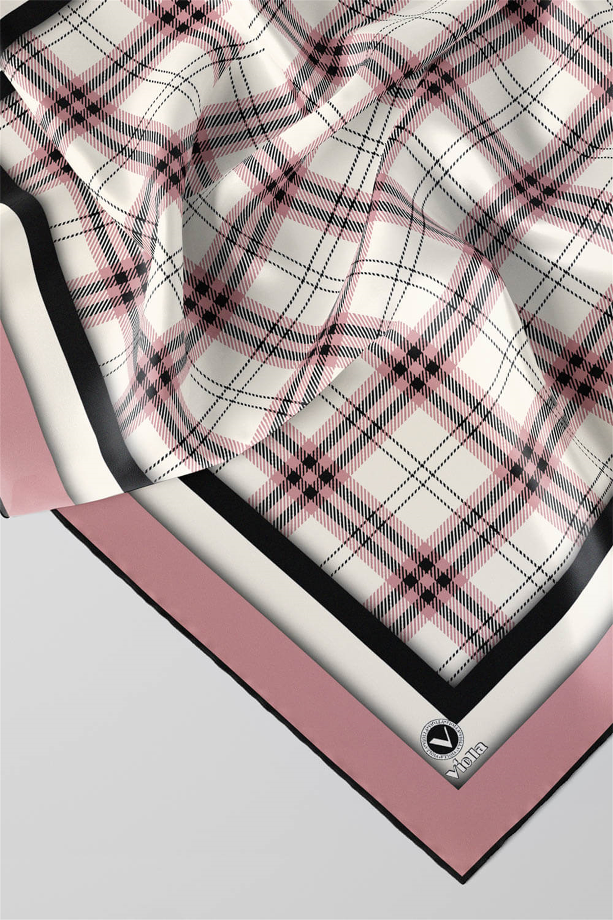 Twill Ekose Desenli Pudra Renkli 90x90 Eşarp (İpek İçermez) Kenar Dikiş Şekli El Dikişli