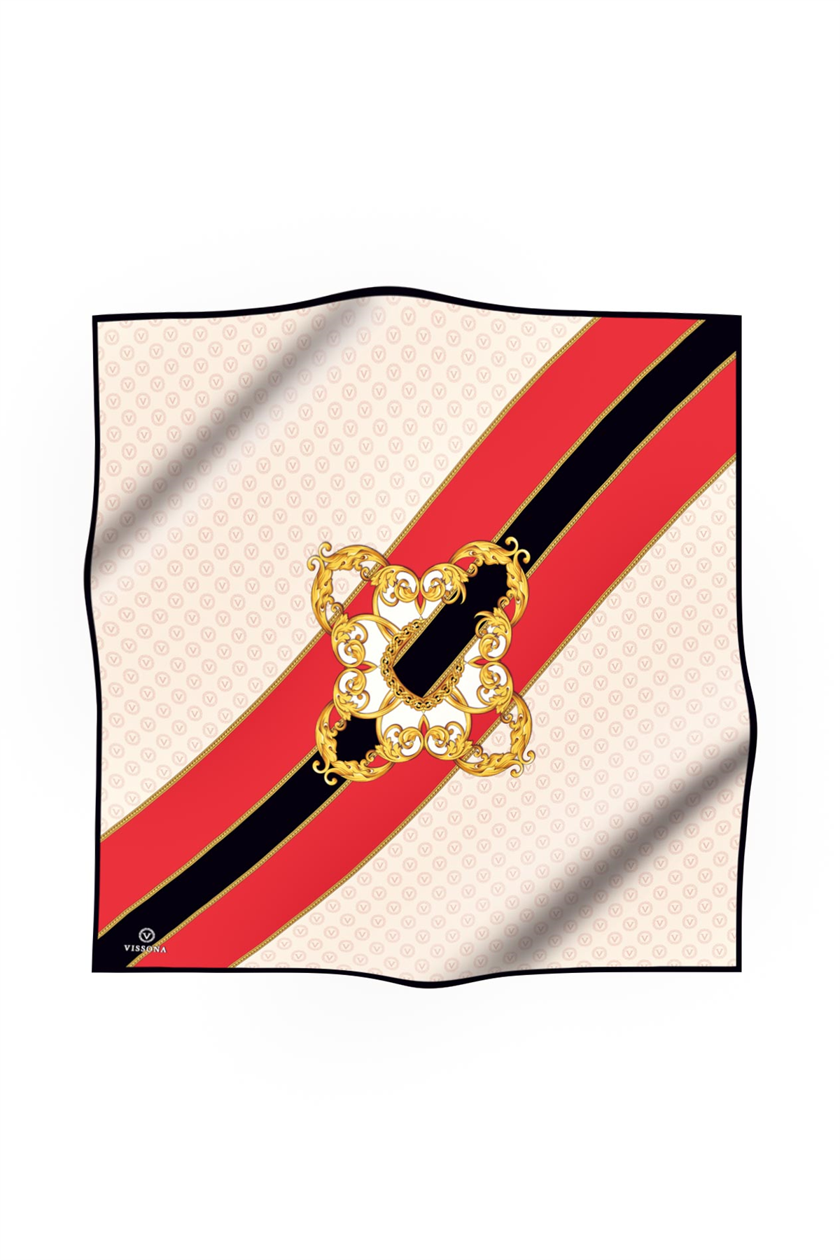 %100 Twill İpek Monogram Ve Barok Desenli Kırmızı - Krem Renkli 90x90 Eşarp Dikim Şekli : El Dikişi