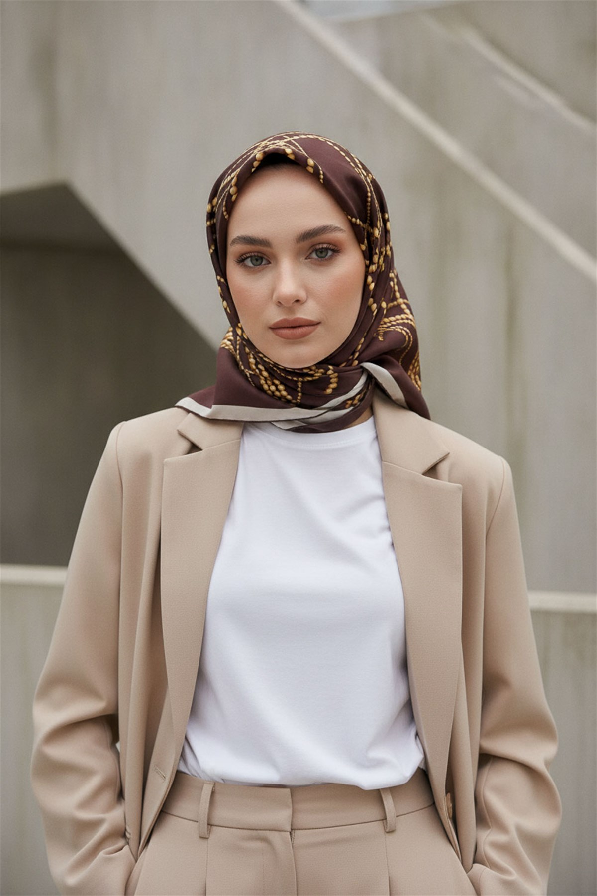 %100 Twill İpek İnci Desenli Kahverengi Renkli 90x90 Eşarp Kenar Dikiş Şekli : El Dikişli