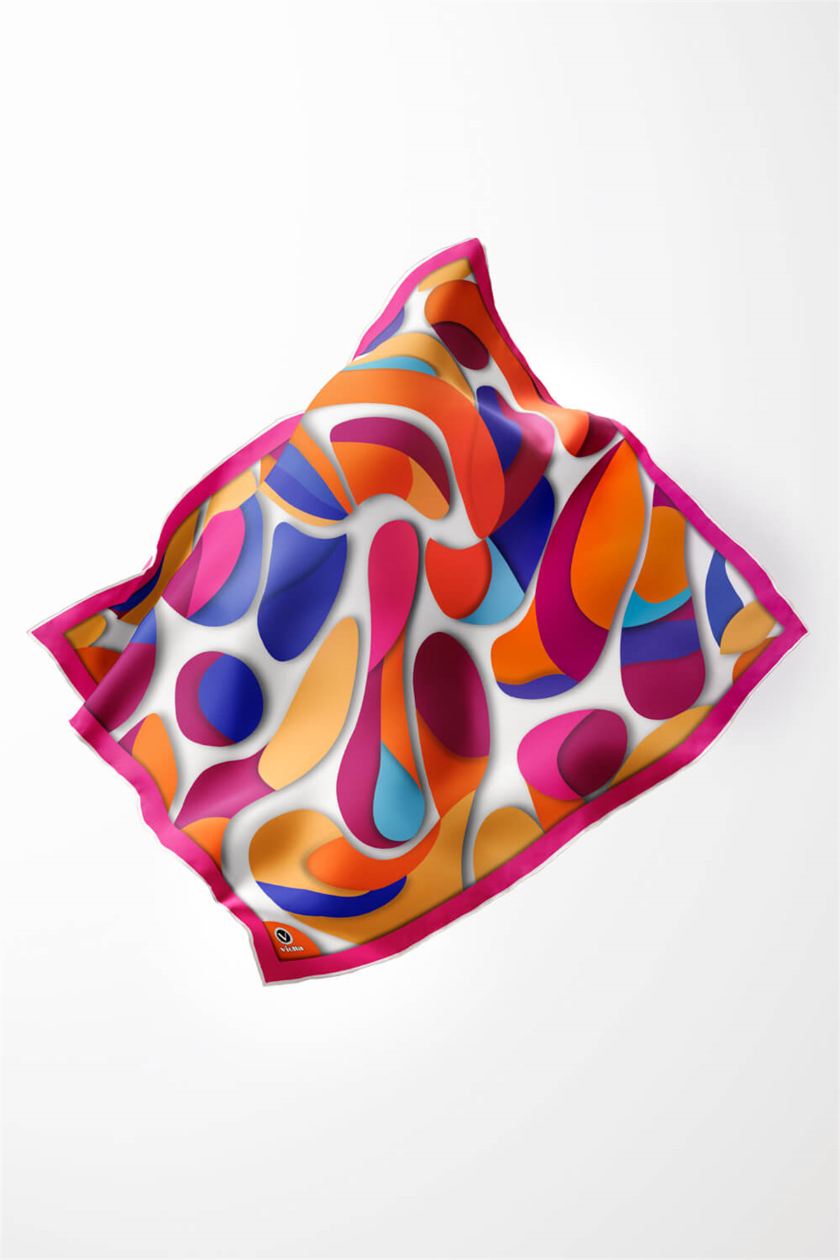 Twill Soyut Geometrik Desenli Fuşya - Turuncu Renkli 90x90 Eşarp (İpek İçermez) Dikim Şekli : El Dikişi