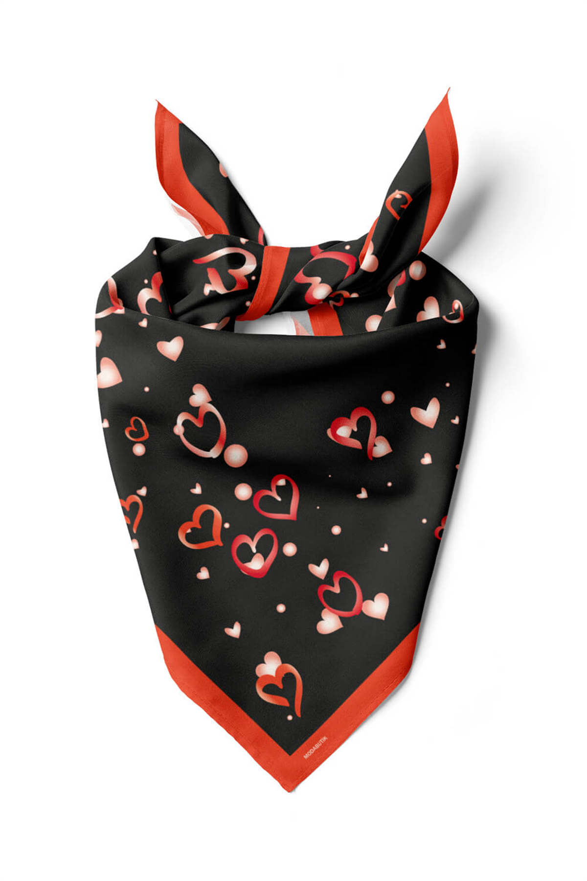 V18 Kadın Kalp Desenli Bandana 50x50 Siyah Kırmızı DG0450-22