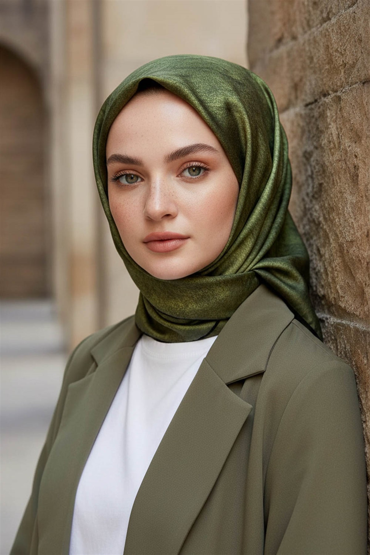 %100 Twill İpek Doku Desenli Haki Renkli 90x90 Eşarp Dikim Şekli : El Dikişi