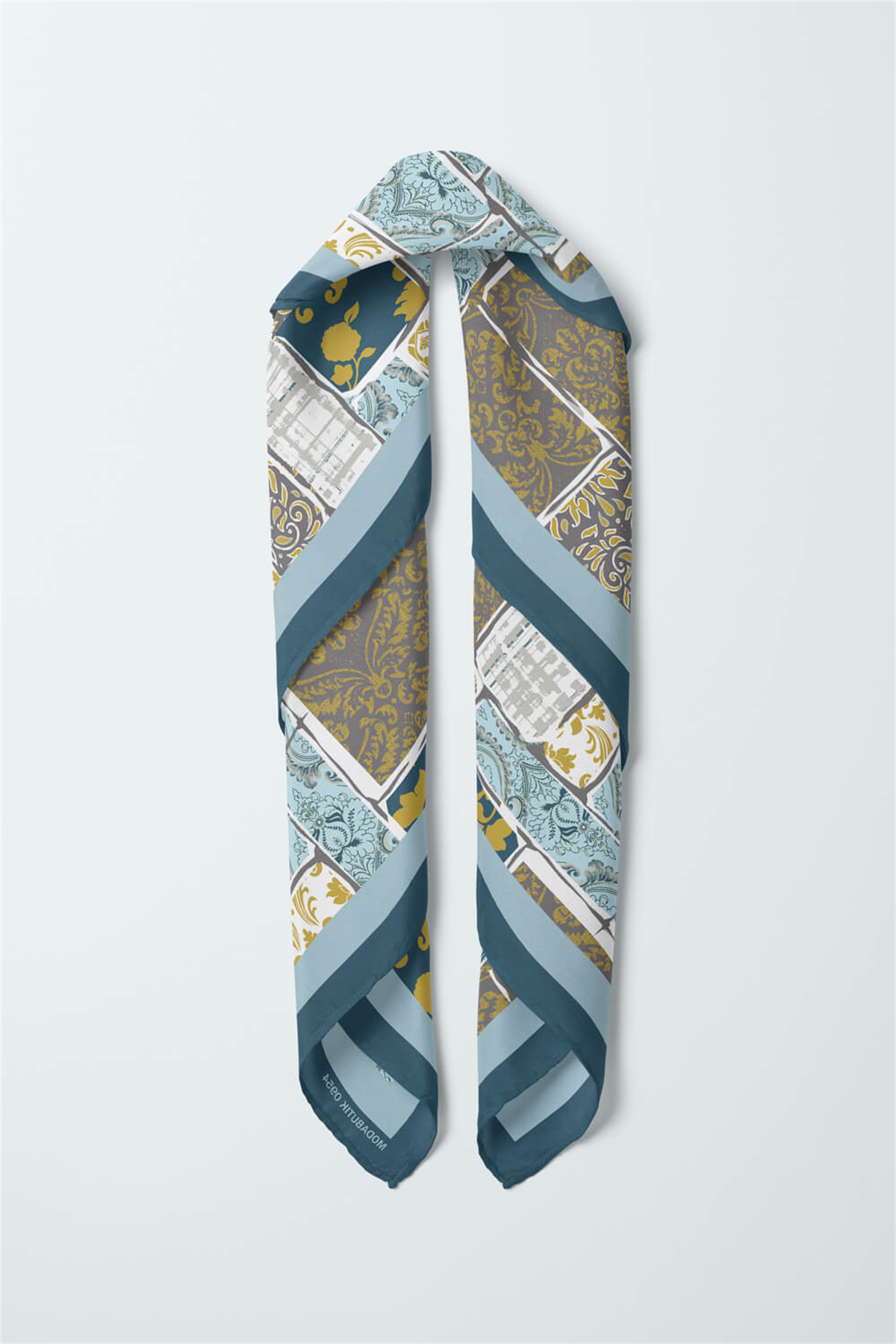 D55 Kadın Hardal Açık Mavi Field Desenli 50x50 Bandana