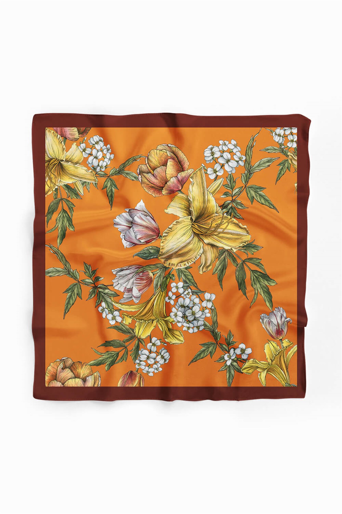 Violla Kadın Çiçek Desenli Bandana 50x50 Turuncu Sarı Beyaz DG0477-22 Snz