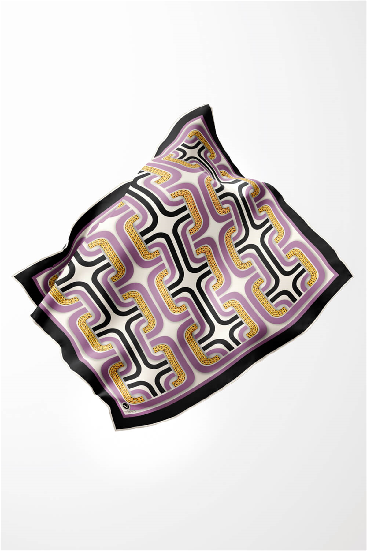 Twill Geometrik Zincir Desenli Lila Renkli 90x90 Eşarp (İpek İçermez) Kenar Dikiş Şekli El Dikişli
