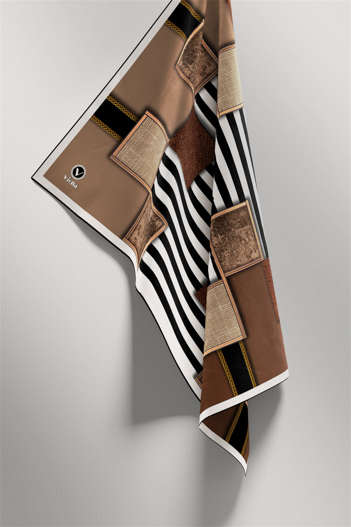 Twill Geometrik Ve Çizgili Desenli Bej Renkli 90x90 Eşarp (İpek İçermez) Dikim Şekli : El Dikişi