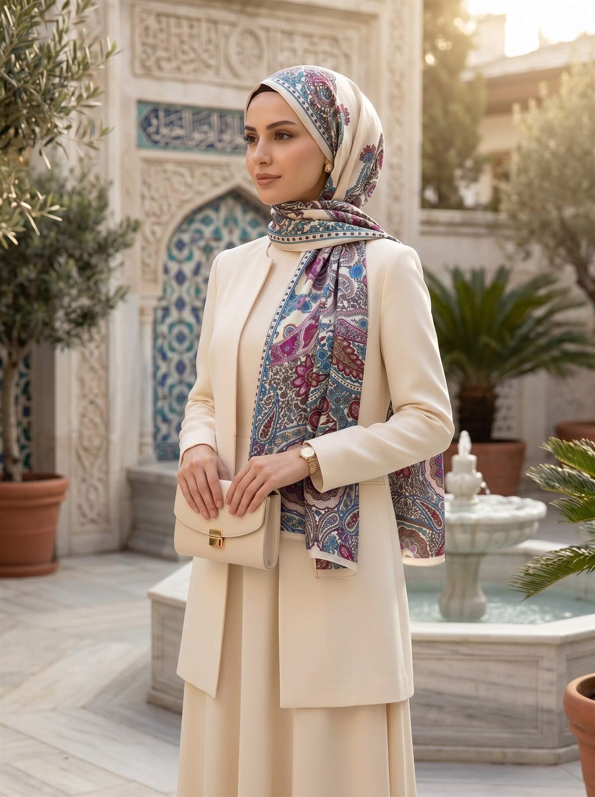 100% İpek Etro Desenli Krem - Mürdüm Renkli 92x210 Şal
