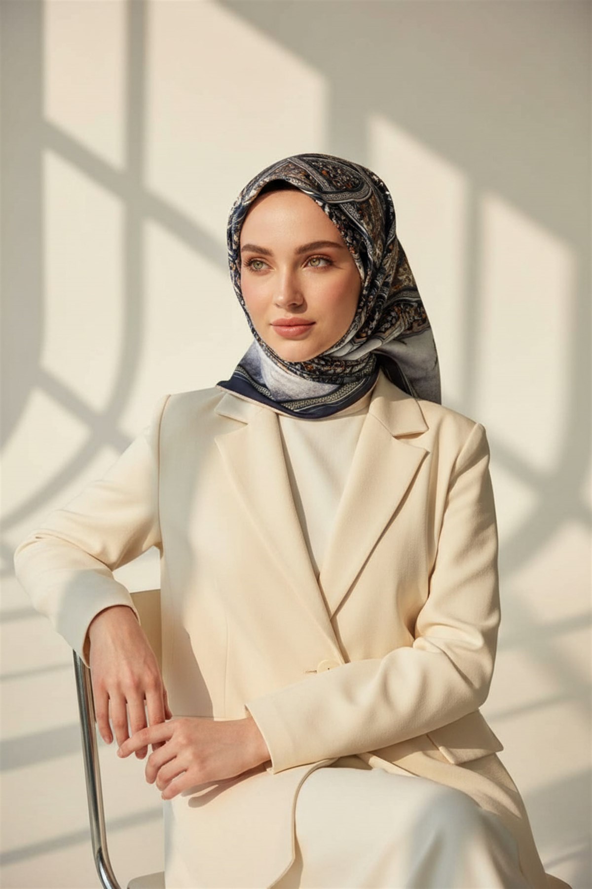 %100 Twill İpek Şal Desenli Gri - Lacivert Renkli 90x90 Eşarp Dikim Şekli : El Dikişi